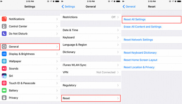 reset setting on iphone